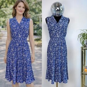 Vintage 90s Talbots Petites Blue Floral Rayon Midi Dress Sleeveless Size 10P